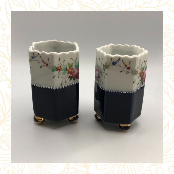 Antique Pair Unmarked Footed Porcelain Cobalt and Floral Bud Vases - Picture 2 of 6